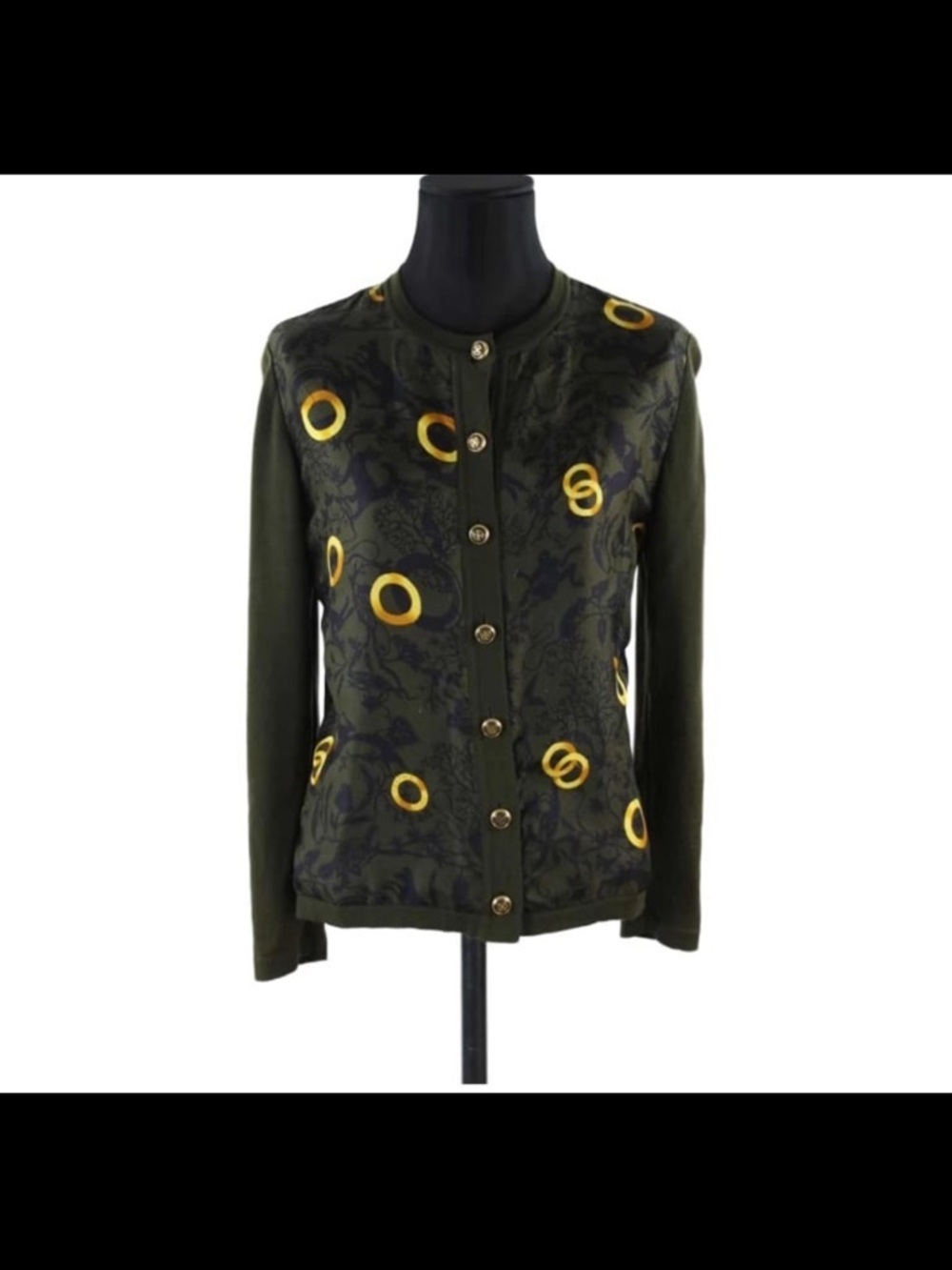 Celine Olive Green Button-Front Women's Jacket with Gold Ring Print